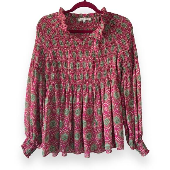 Rose + Olive Pink and Green Boho Smocked Long Sleeve Blouse Medium - Picture 1 of 9